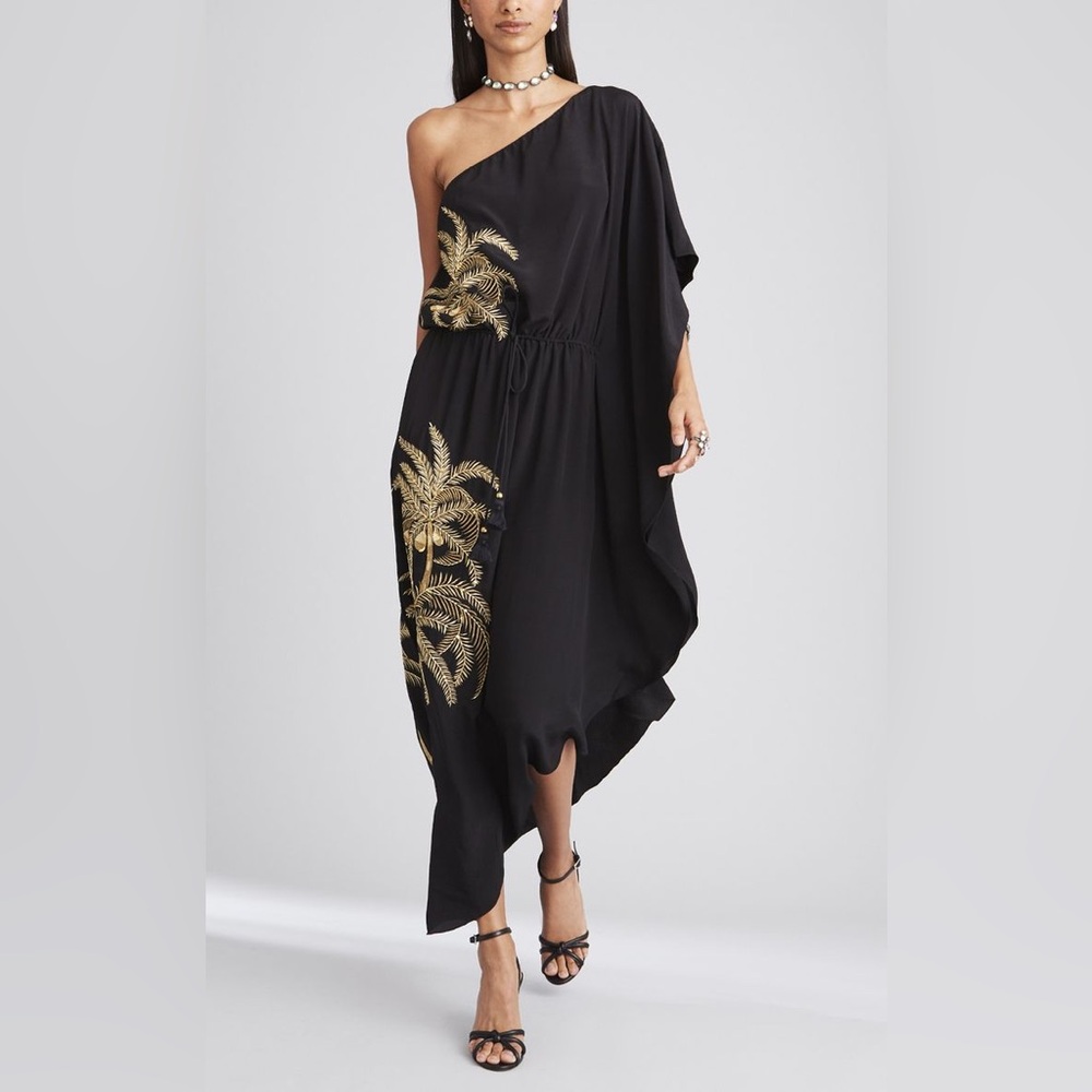 FIGUE Fashion Collection One Shoulder Embroidered Dress with Gold Sequins XS